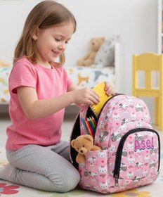 Resim Hevi Kids HeviKids Kişiye Özel İsimli Anaokulu Çantası - Pembe Kitty | 3-15 Yaş Çocuk Sırt Çantası 