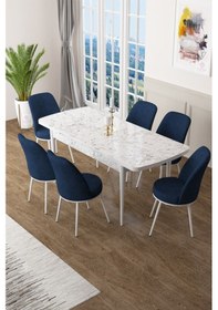 Resim Canisa Concept Zen Serisi 80x132 Mdf Açılabilir Beyaz Mermer Desen Masa Takımı Ve 6 Lacivert Sandalye Masa Beyaz/sandalyeler Lacivert 