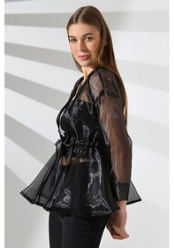 Resim Mois Atelier Siyah Organze Volanlı Şifon Tül Gömlek Ceket Abiye Tasarım Hediye Büyük Beden Tesettür Siyah 