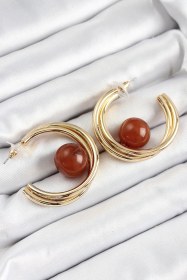 Resim Pirinç Gold Renk Halka Model Kahverengi Boncuk Detay Kadın Küpe Diğer 