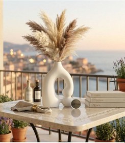 Resim Etnik Desen Dekoratif Vazo Seramik Şık Vazo El Yapımı Özel Seri 30 Cm Beyaz 