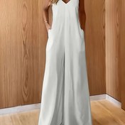 Resim Şık Kadın V-Yaka Kolsuz Tulum - Geniş Bacaklar, Düz Renk, Sırtı Açık Tasarım, Mezuniyet Sezonu, Tatiller ve Tarihler İçin Mükemmel, Bol Kesim, Polyester Karışımı, Yetişkin, Tarih Gecesi Kıyafeti | Sırtı Açık Tulum | Polyester Karışımı Tulum 