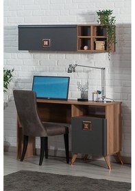 Resim Retro 50x110 Cm Çalışma Masası + Duvar Raf Bilgisayar Masası Ofis Ders Masası Ceviz 