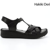 Resim GÖNDERİ(R) Kadın / Kız Siyah Cırt Bantlı Dolgu Topuk Hakiki Deri Sandalet 
