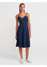 Resim Dilvin 90549 Askılı Denim Midi Elbise-lacivert Lacivert 