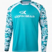 Resim KOOFIN GEAR Yüksek Performanslı Balıkçılık Gömleği - Mavi Geometrik Desenli, Yuvarlak Yaka, Raglan Kollu, Spor ve Dış Mekan Aktiviteleri İçin Mükemmel, Spor Balıkçılık Ekipmanı | Modern Balıkçılık Gömleği | Rahat Fit Gömleği 