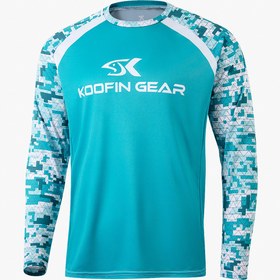 Resim KOOFIN GEAR Yüksek Performanslı Balıkçılık Gömleği - Mavi Geometrik Desenli, Yuvarlak Yaka, Raglan Kollu, Spor ve Dış Mekan Aktiviteleri İçin Mükemmel, Spor Balıkçılık Ekipmanı | Modern Balıkçılık Gömleği | Rahat Fit Gömleği 