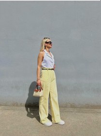 Resim Kadın Keten Kemerli Pantolon Sarı Sarı 