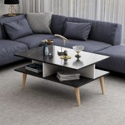 Resim Dekorosso Ahşap Ayaklı Modern Dekoratif Orta Sehpa 90 cm Beyaz- Siyah Mermer Desen 