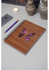 Resim Kelebek Desenli Ahşap Defte Resim Defteri - Günlük - Çizgisiz Defter Ahşap Rengi Ceviz A5 Notebook 