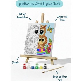 Resim Sevimli Baykuş Temalı Çocuk Boyama Tuvali Şövaleli Eğitici Boyama Seti 20x20 Cm 