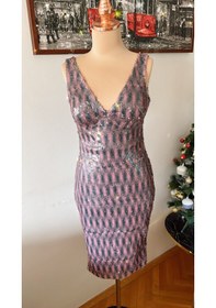 Resim Chica Rosa Fashion Renkli Pullu V Yaka Midi Elbise Pembe - Siyah 