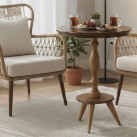 Resim Evnalia Dekoratif Fiskos Ahşap Torna Ceviz Cilalı Ayak Mdf Yan Sehpa Çiçeklik Vazo Abajur Standı 52 Cm Çap 