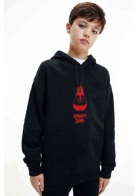 Resim Stranger Things Ampul Baskılı Unisex Çocuk Kapüşonlu Siyah Sweat 