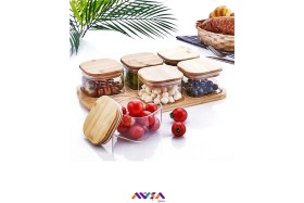 Resim Feyza Design 6'lı Tepsili Cam Kahvaltılık Takımı, Bambu Kapaklı, Şık ve Kullanışlı 