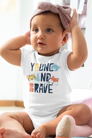 Resim Overoz Organik %100 Pamuk Young And Brave Baskılı Kısa Kollu Bebek Çıtçıtlı Body Badi Zıbın Tulum 5380 