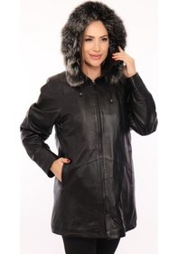 Resim Hakiki Kuzu Derisi Kapşonlu Kürklü Fermuarlı Kadın Ceket Siyah Siyah 