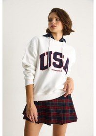 Resim Shade Kadın Usa İşlemeli Şardonlu Kapüşonlu Salaş Sweatshirt 10010 60283527 - Beyaz 