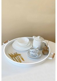 Resim Morponi Galvaniz 51 Cm Beyaz Ahşap Kulplu Yuvarlak Tepsi Beyaz 