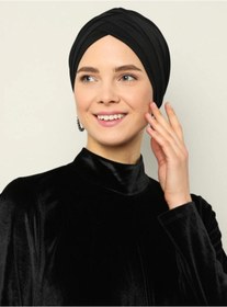 Resim Sahra Şal Dünyası Çapraz Üç Bantlı Hazır Türban Siyah 