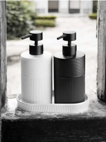 Resim 2li Lüks Stoneware Siyah Beyaz İskandinav Taş Mutfak Sıvı Sabunluk Standlı Bulaşık Deterjanlık Beyaz - Siyah 
