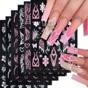 Resim 6 Adet Pembe Işıltı 3D Tırnalar Kendinden Yapışkan Çiçek ve İskelet Desenli Nail Art Stickerı - Parlak Reçine Çiçek Nail Süsleri Plastik Yüzeyler için, Kokusuz Tek Kullanımlı Nail Dekor Aksesuarları ile Düzensiz Şekilleri Kadınlar için 