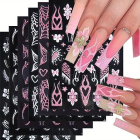 Resim 6 Adet Pembe Işıltı 3D Tırnalar Kendinden Yapışkan Çiçek ve İskelet Desenli Nail Art Stickerı - Parlak Reçine Çiçek Nail Süsleri Plastik Yüzeyler için, Kokusuz Tek Kullanımlı Nail Dekor Aksesuarları ile Düzensiz Şekilleri Kadınlar için 