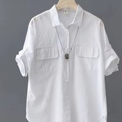 Resim Kadınlar için Çift Göğüs Cepli Rahat Yaka Bluz - %100 Polyester Düz Renkli Gömlek - İlkbahar/Yaz/Sonbahar İçin - Dokuma Hafif Gömlek Üstü 