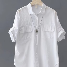 Resim Kadınlar için Çift Göğüs Cepli Rahat Yaka Bluz - %100 Polyester Düz Renkli Gömlek - İlkbahar/Yaz/Sonbahar İçin - Dokuma Hafif Gömlek Üstü 