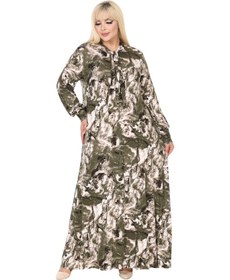 Resim Melsay Butik Fularlı Yeşil Batik Desen Uzun Kollu Büyük Beden Kadın Elbise Yeşil 