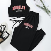 Resim Kadınlar için Brooklyn Esintili Siyah Günlük İki Parçalı Takım - Kolsuz Crop Top & Elastik Bel Pantolon, Nefes Alabilen Polyester Karışımı, Makinede Yıkanabilir - İlkbahar/Yaz için Mükemmel 