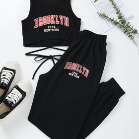 Resim Kadınlar için Brooklyn Esintili Siyah Günlük İki Parçalı Takım - Kolsuz Crop Top & Elastik Bel Pantolon, Nefes Alabilen Polyester Karışımı, Makinede Yıkanabilir - İlkbahar/Yaz için Mükemmel 