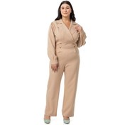 Resim Büyük Beden Kruvaze Yaka Metal Düğmeli Fermuarlı Bej Rengi Tulum-bej Bej 