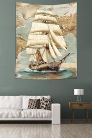 Resim Pelangi Antik Dünya Haritası Yelkenli Leke Tutmaz Kumaş Duvar Örtüsü Duvar Halısı Tapestry PNTR548, 100 x 140 