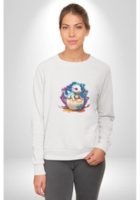 Resim Sevimli Bebek Ejderha Elmas Yumurta Unisex Beyaz Baskılı Sweatshirt Beyaz 