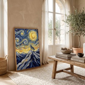 Resim Lone Wolf Howling Mountain Peak Print - Van Gogh Starry Night Wall Art - Wooden Frame - Natural / 8,3 x 11,7" (21x30) 
