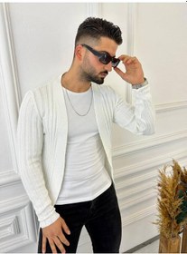Resim Elku Moda Hırka Örgülü Triko Desenli Şal Yaka Fit Örgü Hırka Beyaz 