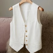 Resim Kadınlar İçin Bej Yelek - Şık Kemerli Blazer, Ofis ve Partiler İçin - Görünmez Kolsuz Ceket - Makinede Yıkanabilir Kadın Blazeri - İlkbahar/Yaz/Sonbahar Dış Giyim, V-Yaka Tasarım, Zarif Stil, Dayanıklı Kumaş, Kolay Bakım 