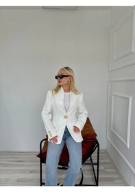 Resim Kadın Gold Düğmeli Hakim Yaka Blazer Ceket Beyaz Beyaz 