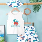 Resim 3 adet Erkek Çocuklar için Tropikal Yaprak Baskılı Tatil Stili Atlet, Şort ve Şapka Seti - Rahat Mürettebat Yaka, Orta Esneklikli Polyester, Yaz Dış Mekan Gereksinimleri, Yaz Kıyafeti|Oyuncağı Tasarım|Esnek Kumaş, Dış Mekan için 