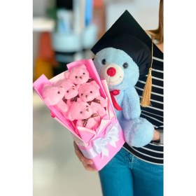 Resim Mezuniyet Hediyesi: Mezun Peluş Ayıcık & Pembe Ayıcık Buketi 