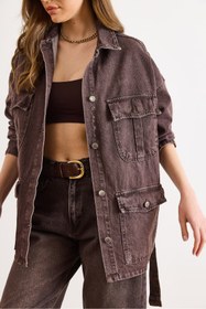 Resim Olalook Kadın Kahverengi Kuşaklı 4 Cepli Denim Ceket CKT-19000503 