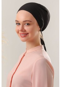 Resim Melodi Scarf Kadın Tesettür Dikişsiz Set Bone Siyah 5 Adet Bağlamalı Penye Bone Siyah 