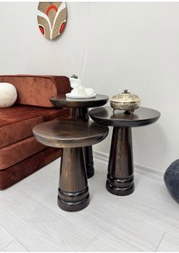 Resim AYLESA Doğal Ahşap 3’lü Set Mantar Yan Sehpa Modern Koyu Ceviz Renk Fiskos Zigon Çiçeklik 