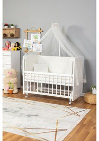 Resim Ahşap Beşik Anne Yanı Beşik Beyaz 60x120 - Krem Güpür Uyku Seti + Yatak + Tekerlekli Beyaz 