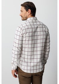 Resim Ekru Dynamic Fit Düğmeli Yaka Ekose Uzun Kollu Pamuklu Gömlek-20016 Kahverengi 