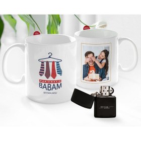 Resim Bk Gift Kişiye Özel Babalar Günü Hediyesi Fotoğraflı Kupa Bardak Ve Benzinli Çakmak Seti-64 