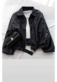 Resim Prifaldi Oversize Bomber Deri Ceket Siyah 