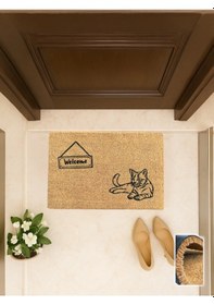 Resim Gatto 40x60 Cm, Kedili Kapı Önü Koko Paspası Evcil Hayvan Temalı, Kaymaz Taban Açık Kahverengi 