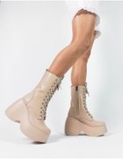 Resim Bej Fermuarlı Bağcıklı Diz Altı Platform Topuk Kadın Çizme 001 